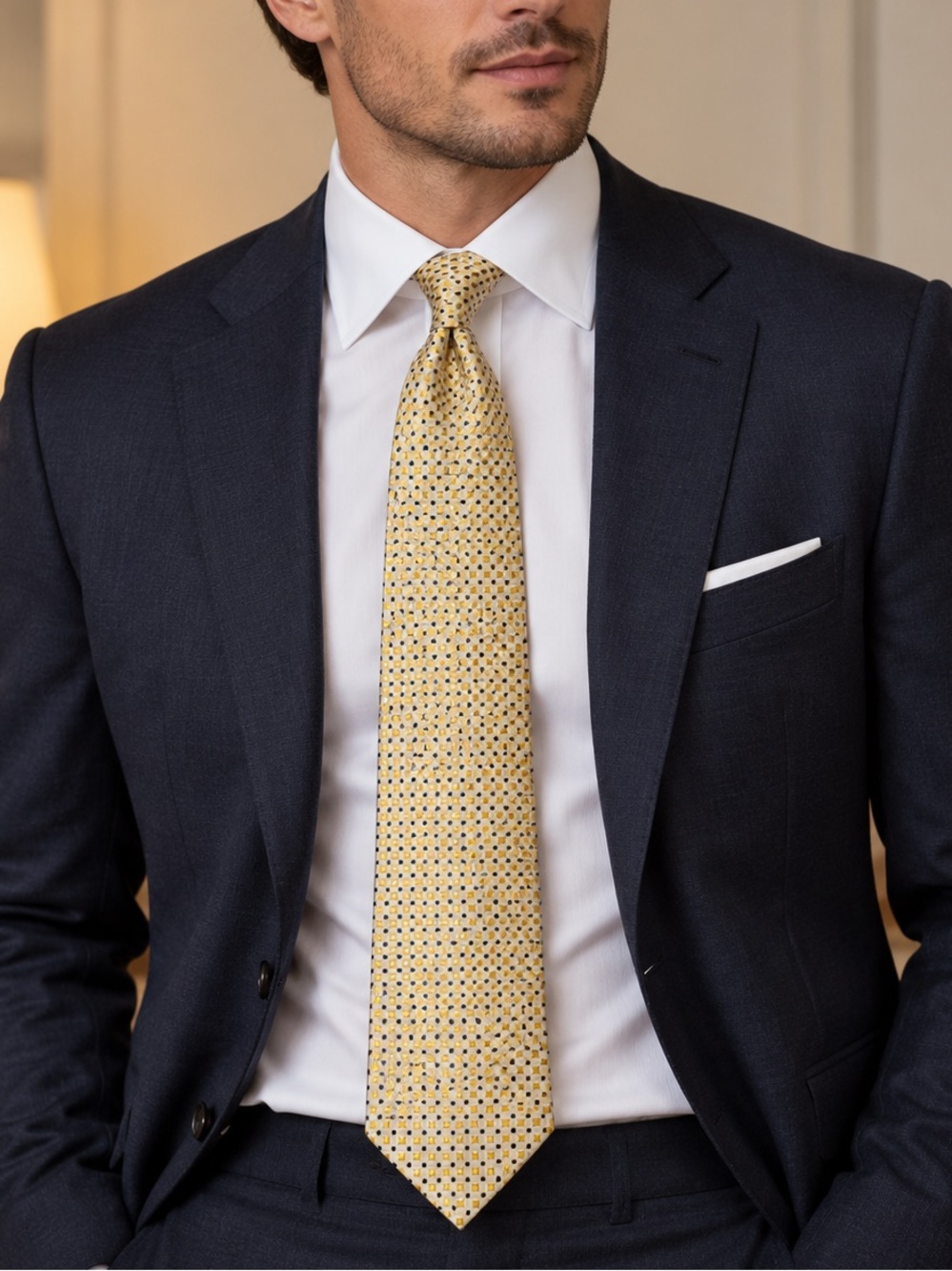 Pronto Uomo 100% Silk Gold Black Geometric Mens Tie 3.5”